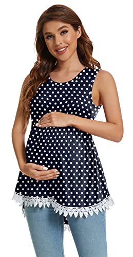 Xpenyo Womens Maternity Tank Top Sleeveless Lace Crochet Trim Peplum Cami Shirts Navy Blue Polka Dots L #TOP6