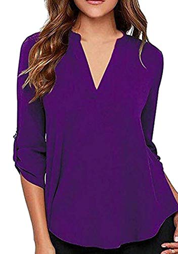 OMZIN Long Sleeve Chiffon Blouses for Women V Neck Work Blouses Purple 3XL