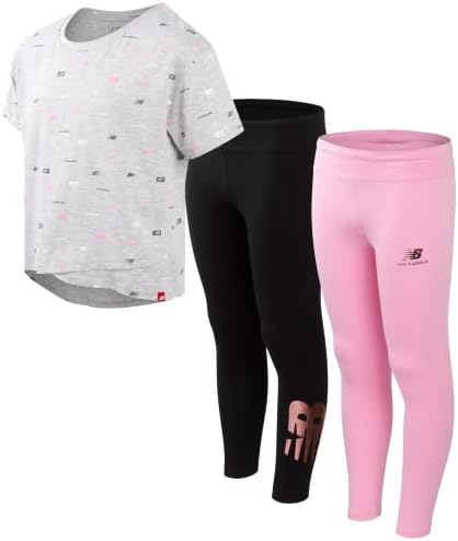 New Balance Girls? Active Leggings Set ? 3 Piece T-Shirt, and Leggings Activewear Set, Size 10-12, Grey/Black Pink
