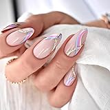 24 Pcs Press on Nails Medium Length Almond Fake Nails French Multicolor Wave Design Glue on Artifici