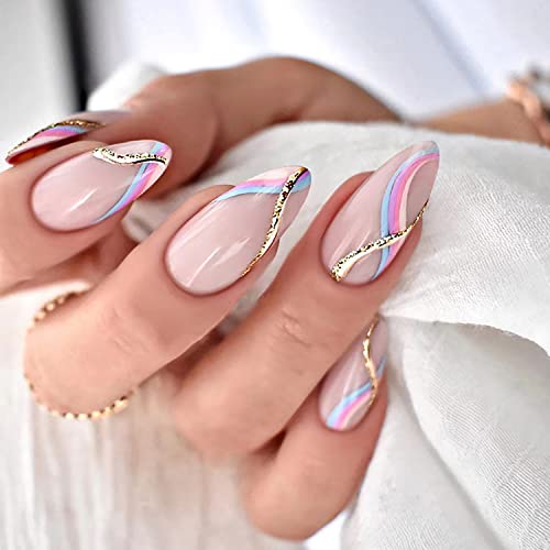 24 Pcs Press On Nails Medium Length Almond Fake Nails French Multicolor Wave Design Glue On Artificial Nails False Nails For Women #TOP17