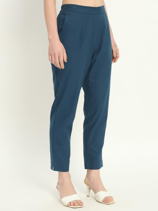 Image of Women's Solid Straight Fit 100% Cotton Trousers | High Waist, Side Pockets, Ankle Length Pants for Office, Casual