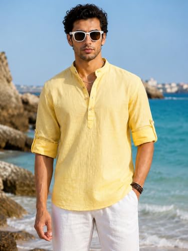 Image of Majestic Man Men's Pure Cotton Solid Mandarin Collar Slim Fit Roll-Up Sleeves Short Kurta Lightweight Summer Kurta for Daily & Occasion Use