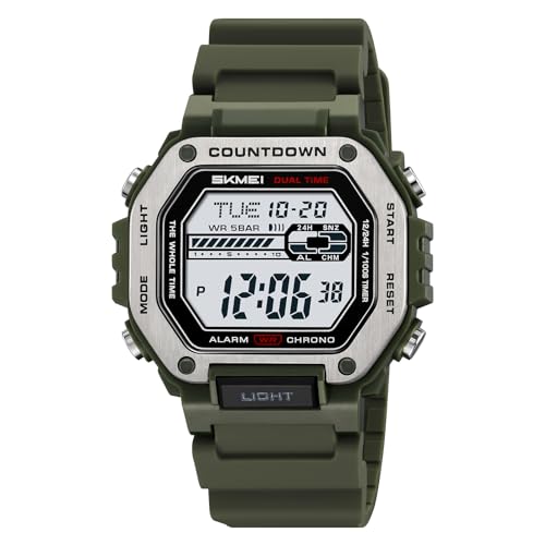 SKMEI Men's Military Digital Sports Watches Waterproof Womens Watches with Luminous Alarm Big Face for Outdoor(Army Green)