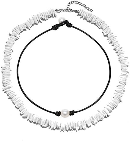 YANCHUN Cowrie Shell Necklace for Women,Puka Shell Necklace Conch Shell Anklet Hawaiian Seashell Pearls Choker Set