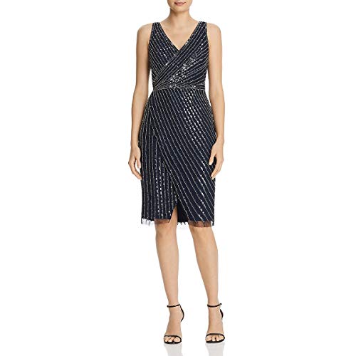 Adrianna Papell Womens Faux Wrap Embellished Cocktail Dress Navy 8