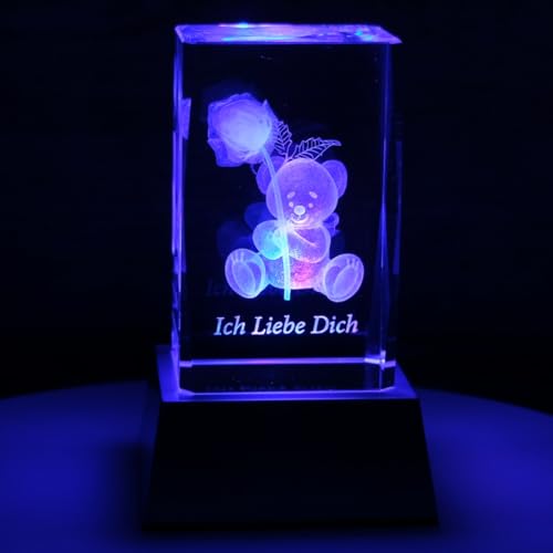 3D Glas | Ich Liebe Dich | Motiv: Teddy Rose | 80x50x50mm | Partnergeschenk