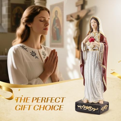 Mantaoilfe 15.4" H Virgin Mary Statue Catholic – Blessed Virgin Mary Figurine with Sacred Heart, Hand Painted Resin Mother Mary Statue for Prayer Room, Altar Decoration, Christian Home Decor Gift — view 2