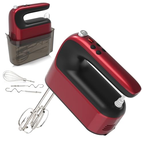 Image of Yomelo 9-Speed Digital Hand Mixer Electric, 400W DC Motor, Hand Mixer electric Handheld with Snap-On Storage Case, Touch Button, Turbo Boost, 5x Stainless Steel Accessories (Red)