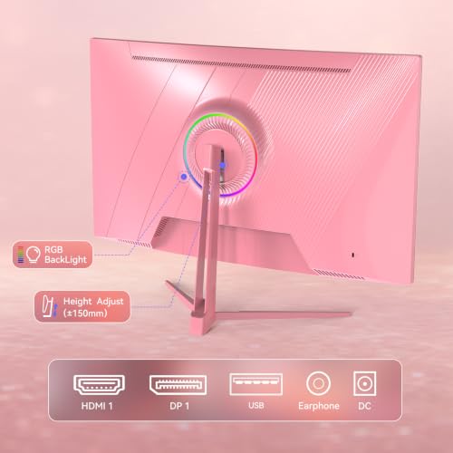 Image of Raywego 27 Inch Pink Curved Gaming Monitor for Desk Setup, 180Hz FHD 1080P Computer Monitor, 1500R Curved Display, FreeSync, HDR10, Home Office, Streaming & Content Creation
