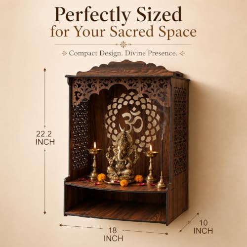 Image of The Castle Decor Wooden Mandir for Home, Wall Hanging & Tabletop Pooja Temple with Om Cutwork Back Panel, Jali Side Panels, Open Storage Shelf, Pooja Room, Office, Hostel, 10x22.2x18 Inch