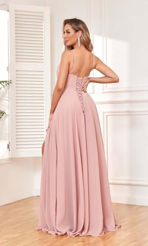 Women's Chiffon V Neck Bridesmaid Dresses Long with Slit Pleated Empire Waist Formal Dress with Pockets3