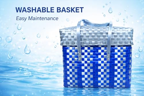 Image of Hand Made Multipurpose Plastic Basket with Lid | Eco-Friendly, Washable, Rust-Free Storage Basket for Kitchen, Picnic, Toys, Travel, Office | Lightweight basket (Blue with Grey, Small)