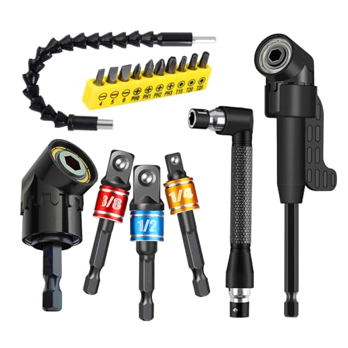 17pcs Flexible Drill Bit Extension, Include 3pcs Impact Socket Adapter 2pcs Hex Shank 105° Right Angle Drill Attachment 10 Short Screwdriver Bits Bendable Drill Bit Extension and 90° Angled Bits