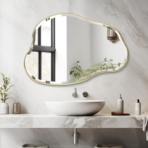 POZINO Irregular Beveled Bathroom Mirror, 36" x 24" Asymmetrical Vanity