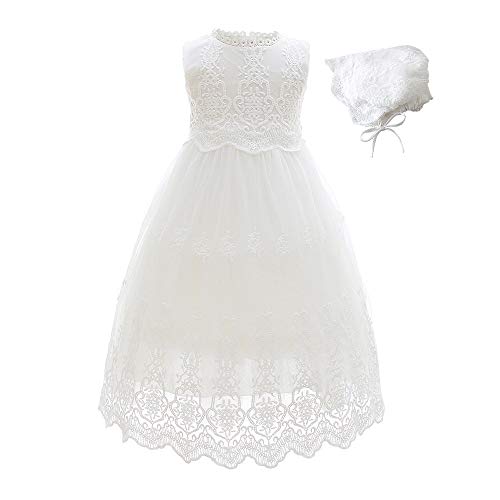Slowera Baby Girls White Lace Dress Christening Baptism Gowns and Bonnet (Style2, 6-12 Months)