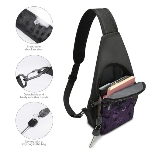 Mochila tipo sling negra púrpura casual para viaje y senderismo miniatura 4