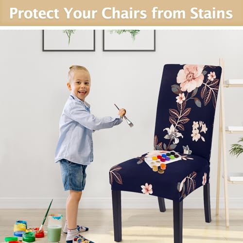 Image of SearchI Chair Covers, Set of 6, Spandex Super Fit Stretch Removable Washable Kitchen Parsons Chair Protector for Dining Room,Hotel,Ceremony, Navy+Flowers