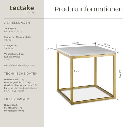 tectake® Couchtisch, Kleiner Tisch, Beistelltisch Metall und Marmor, Wohnzimmer Möbel, Coffee Table, Beistelltisch, Nachttisch, Sofatisch, Kaffeetisch modern, Kleinmöbel - Gold/weiß – Bild 3
