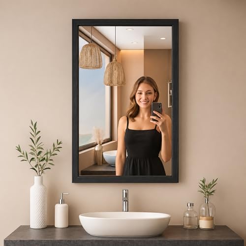 Image of Rousrie Premium Framed Glass Wall Mount Mirror, Decorative, for Bathroom, Bedroom, Living Room and Entryway, Wash Basin (14 by 20 Inch) (Solid Black)
