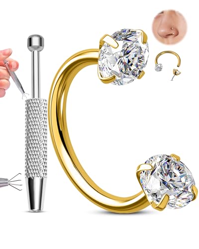 OUFER 20G Gold Horseshoe Nose Rings Hoop, One Piercing Ball Grabber Set, 316L Stainless Steel Threadless Push in Nose Hoop Clear CZ Helix Tragus Earring Body Piercing Jewellery for Women 8mm