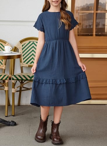 blibean Girls Cotton Short Sleeve Dresses Lace Semi Formal Dress Size 6-15 Years2