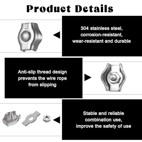Drahtseilklemme, 12 Stück 304 Edelstahl Seilklemme Set, Seilklemmen 3mm - 3mm Kabelklemmen für Stahlseil, Wäscheleine, Drahtseil, Markise Fixiert
