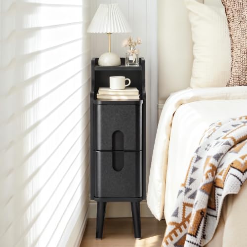 Image of FurSch Narrow Nightstand Set of 2, Wooden Small 2 Drawer, Black