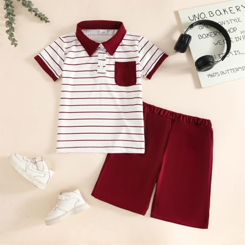 Image of Toddler Kid Boy Clothes Textured Striped Polo Collar Top Summer Shorts 2PC Summer Outfit Set