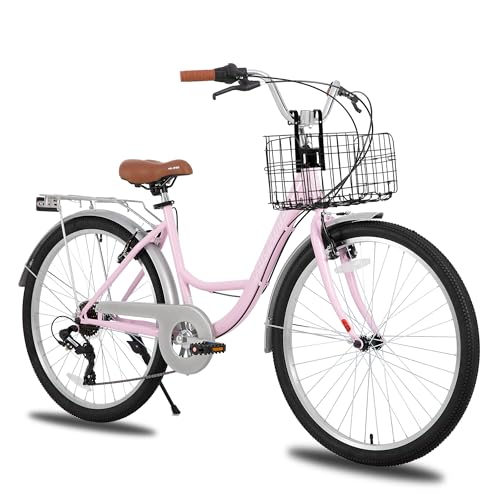 HILAND - Bicicleta Cruiser de mujer con portaequipajes y cesta, 26 pulgadas, 7 velocidades, cuadro bajo de acero, frenos en V, guardabarros integrales, ideal para paseo y ciudad, color rosa