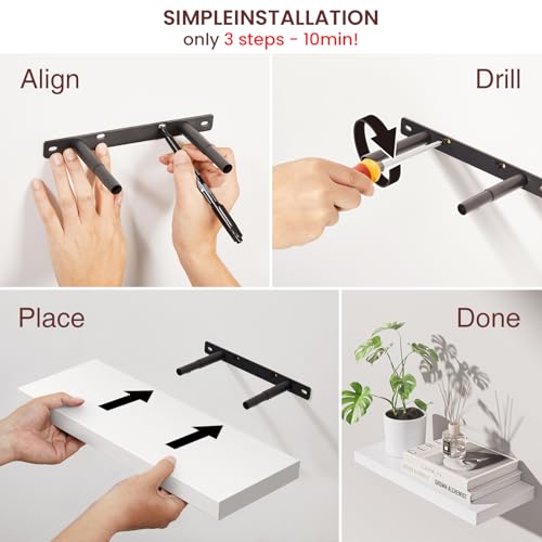 Image of BAYKA White Floating Shelves for Wall - Rustic Wood Wall Shelves with Metal Brackets for Bathroom, Bedroom, Kitchen, or Living Room Decor Organization - Set of 3, Sturdy Storage with 22lb Capacity