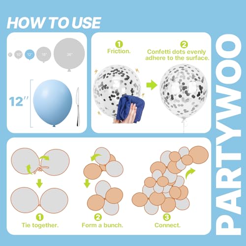Image of PartyWoo Blue and Silver Balloons 66pcs 12 Inch Light Pastel Baby Metallic Pearl Blue Metallic Chrome Silver Confetti Balloons for Gender Reveal Wedding Baby Shower Birthday Party Decorations