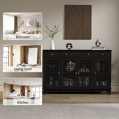 Didugo Black Sideboard Buffet Cabinet With Drawers & Glass Doors, Sideboards And Buffets With Storage, Wooden Credenza With Adjustable Shelves, Wooden Legs, For Kitchen (55.1”W X 15.7”D X 35.4”H) #TOP6