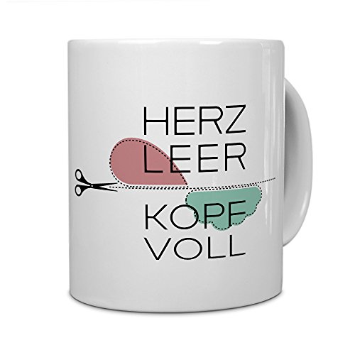 printplanet Tasse mit Spruch: Herz Leer - Kopf Voll - Kaffeebecher, Mug, Becher, Kaffeetasse - Farbe Weiß