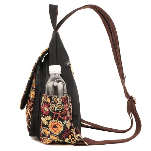 Image of SILKAREA Canvas Sling Backpack for Women Embroidered Travel Chest Bag Multi-purpose Backpack Purse Shoulder Bag (Embroidered Y)