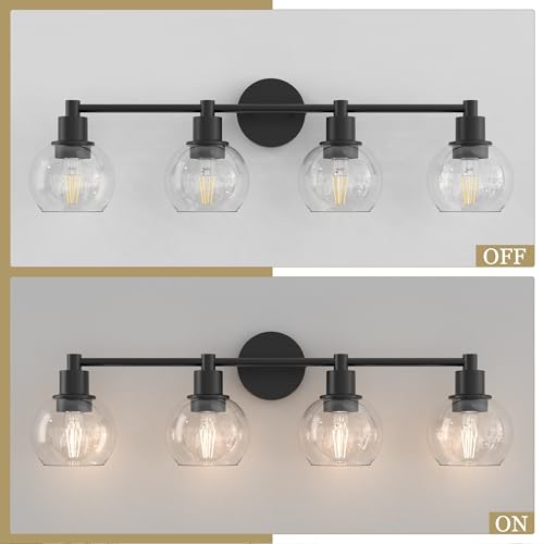 Image of 4 Lights Bathroom Vanity Light Fixtures Black, Bathroom Lights Over Mirror, Industrial and Farmhouse 4 Lights Wall Sconce, Matte Black Globe Vanity Lighting Fixtures