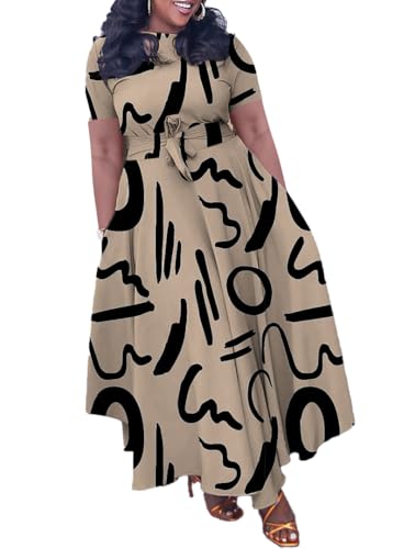 Image of Hostoyo Women Plus Size Formal A Line Maxi Dress Self Tie Waist with Pockets Elegant Round Neck Swing Long Dresses