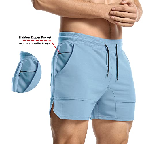 EVERWORTH Men's Workout Shorts Fitness Bodybuilding Running Fitted Short Gym Training Jogging Short Pants with Zipper Pocket and Towel Loop Blue US L Tag 2XL
