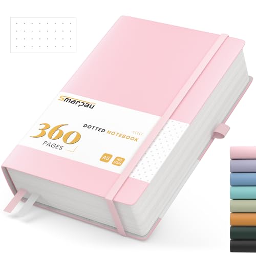 Smarpau Bullet Dotted Journal A5 Thick Notebook 360 Numbered Pages 100gsm Paper No Bleed for Writing Leather Journal Notebook for Women Men Work School Office - 14.5 x 21cm Pink