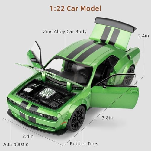 Image of 1:22 Dodge Challenger SRT Hellcat Model Car - Green Diecast Vehicle Toy with Pull Back Function, Lights & Sounds | Collectible Toy Car Model for Adults & Kids Birthday Gift (Green)