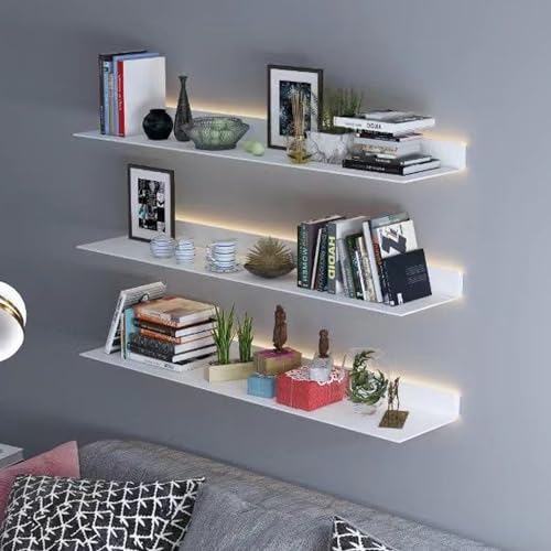 Étagère murale suspendue en métal blanc avec éclairage LED à plusieurs niveaux