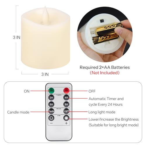 Image of 3x3 Flickering Flameless Candles, Real Wax LED Battery Operated Candles, 3 inch Flameless Candles with Remote,for Wedding Holiday Home Decor,Ivory