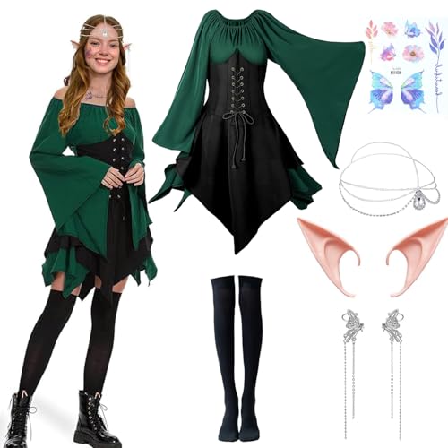 JORAKI 6Pcs Women Elf Costume Medieval Renaissance Dress Traditional Irish Fairy Costume Elf Ear for Halloween Cosplay (Green Black XL)