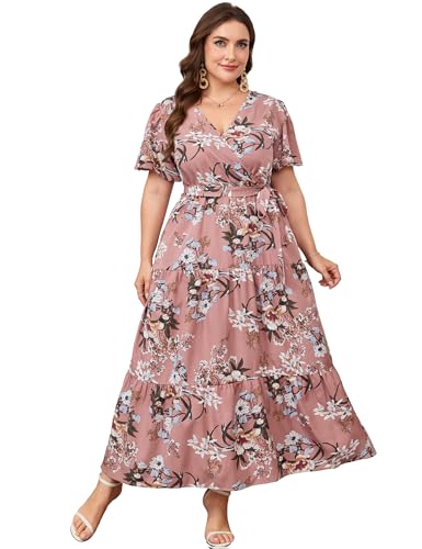 Image of ShopWonder Womens Plus Size V Neck Wrap Maxi Dress High Waist Ruffle Summer Casual Dress with Belt