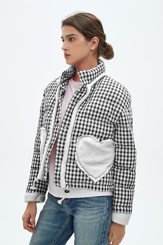 Womens Cropped Puffer Jacket Winter Gingham Plaid Button Down Long Sleeve Padded Coat with Heart Pockets4