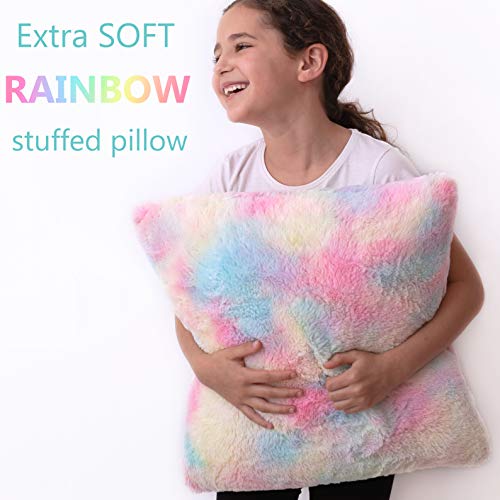 PERFECTTO Set of 2 Decorative Throw Pillows for Girls. White Fluffy Heart and Soft Rainbow Pillow. Plush Pillows for Kid’s Bedroom Décor Toddlers Princess Room, Fun and Cozy for Teepee Tent