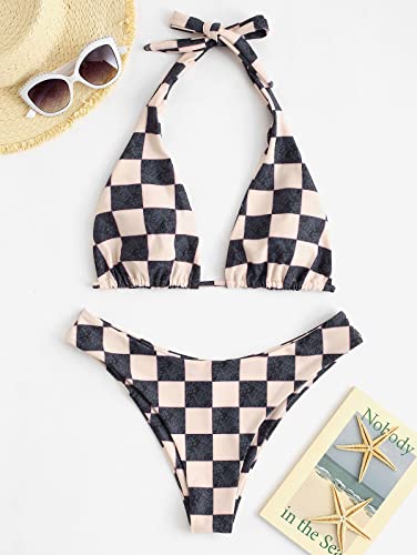 Image of ZAFUL Womens Printed Triangle Bikinis 2 Piece Halter Bikini Sets High Cut Bathing Suit Side Tie Swimsuits