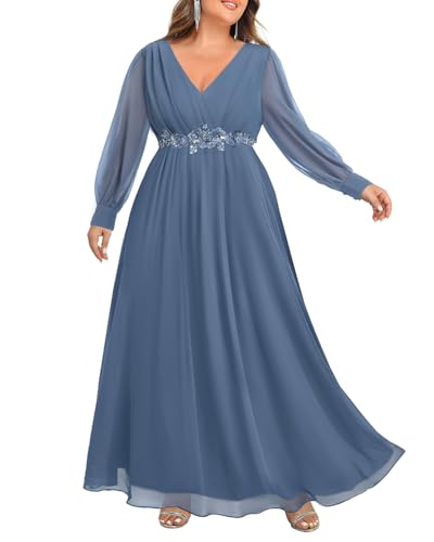 Image of Pinup Fashion Women Plus Size Formal Dresses - Long Sleeve Evening Gown Applique Chiffon Maxi Dress