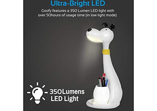 Promate LED-Schreibtischlampe im Hund Goofy Design, multifunktionale LED-Nachtlichtlampe mit Augenschutz, 3 Helligkeitsstufen und Stifthalter für Kinder, weiß