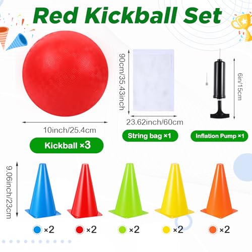 Jenaai Kickball All in One Kit 20 Pcs Kickball Set Includes 3 Playground Ball 5 Rubber Throw Down Bases 1 Ball Pump 1 Net Bag 10 Foul Line Cones for Boys Girls Adults Playground Backyard Game